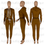 Solid Zipper Hoodie Top And Pants 2 Piece Suit