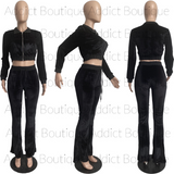 “Baddie” Set Solid Velvet Long Sleeve Zipper 2 Piece Pants Set