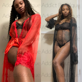 See-Through Lace Sheer Long Belted Robe Only